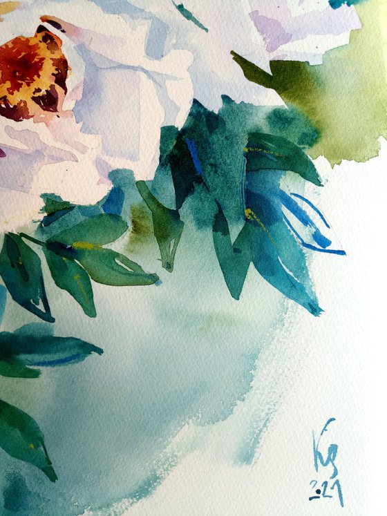 "Blooming white peonies in the evening" original botany watercolor artwork