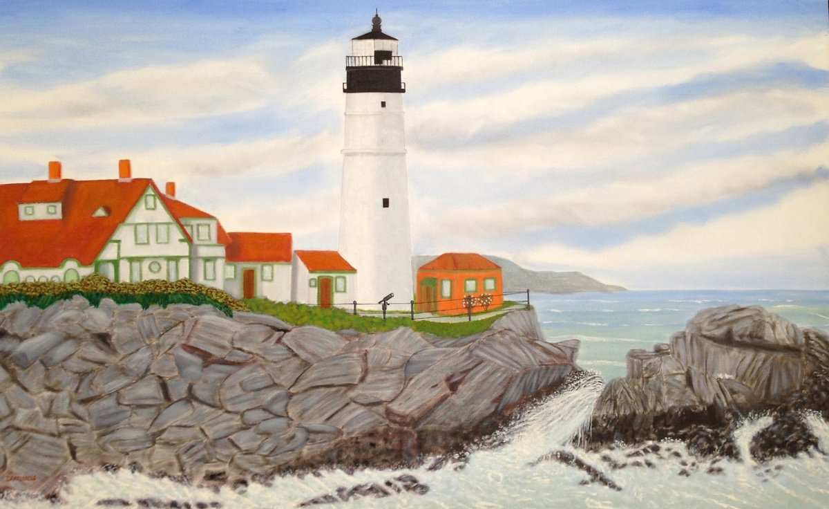 Photorealistic Landscape Oil Painting By Leslie Dannenberg, 48 X 30", Portland Lighthouse, Original Artwork
