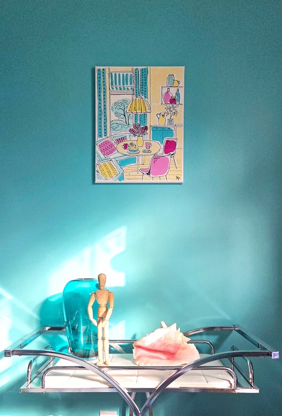 Kitchen with a yellow lamp