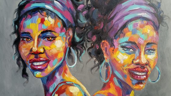 Girlfriends - african motives, portrait, oil painting, woman, face oil painting, Africa oil painting, African people, woman portrait, Africa, woman, woman face, face oil painting