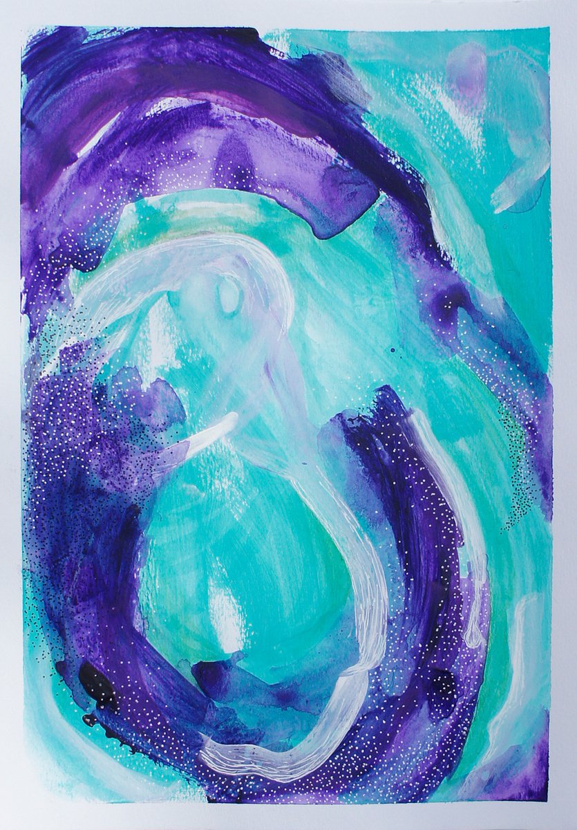 Aqua and Purple 2 - abstract painting on A4 paper by Bex Parker