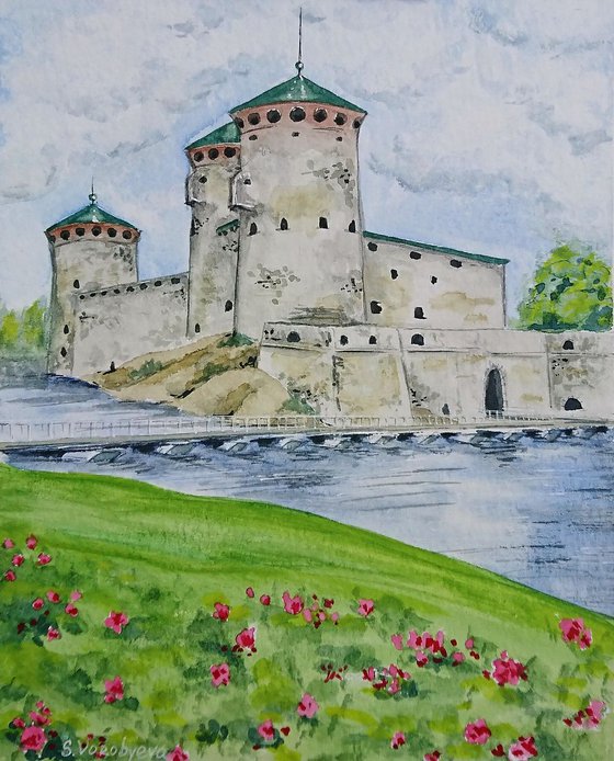 The Olavinlinna Castle #2. Original cityscape watercolor painting by Svetlana Vorobyeva.