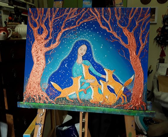 Night Goddess and the Foxes - Goddess Painting - Fox Art - Mystical Art - Pagan - Wiccan