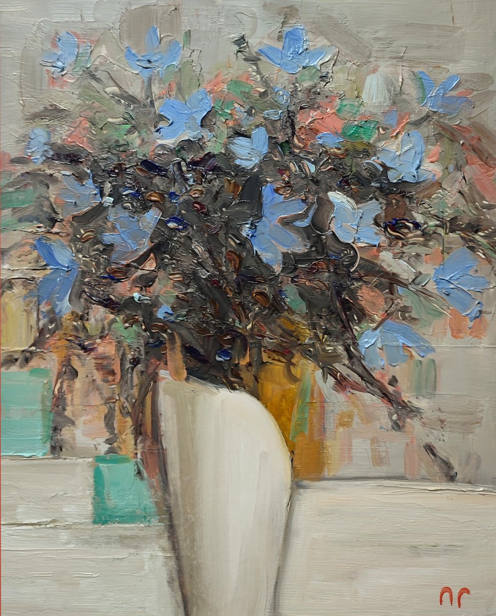 Impressionistic Botanical Oil Painting By Pavel Guliaev, 16 X 20", Sky-Blue Flowers Bouquet, Original Artwork