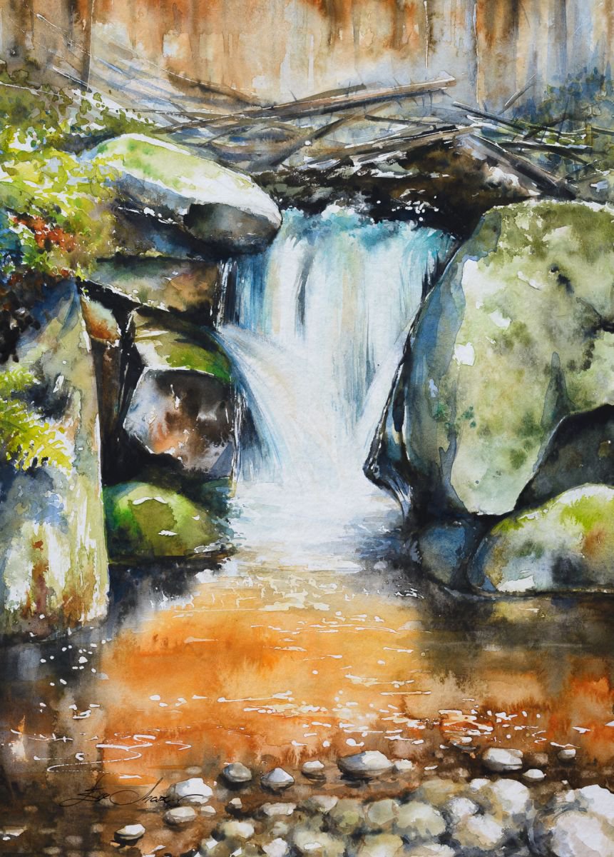 Impressionistic Landscape Watercolour By Eve Mazur, 13 X 18, Waterfall, Original Artwork