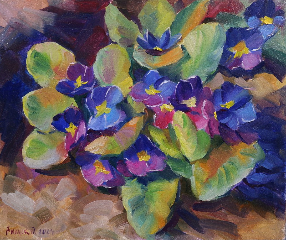 Impressionistic Botanical Oil Painting By Lena Vylusk, 12 X 10", "Primroses", Original Artwork
