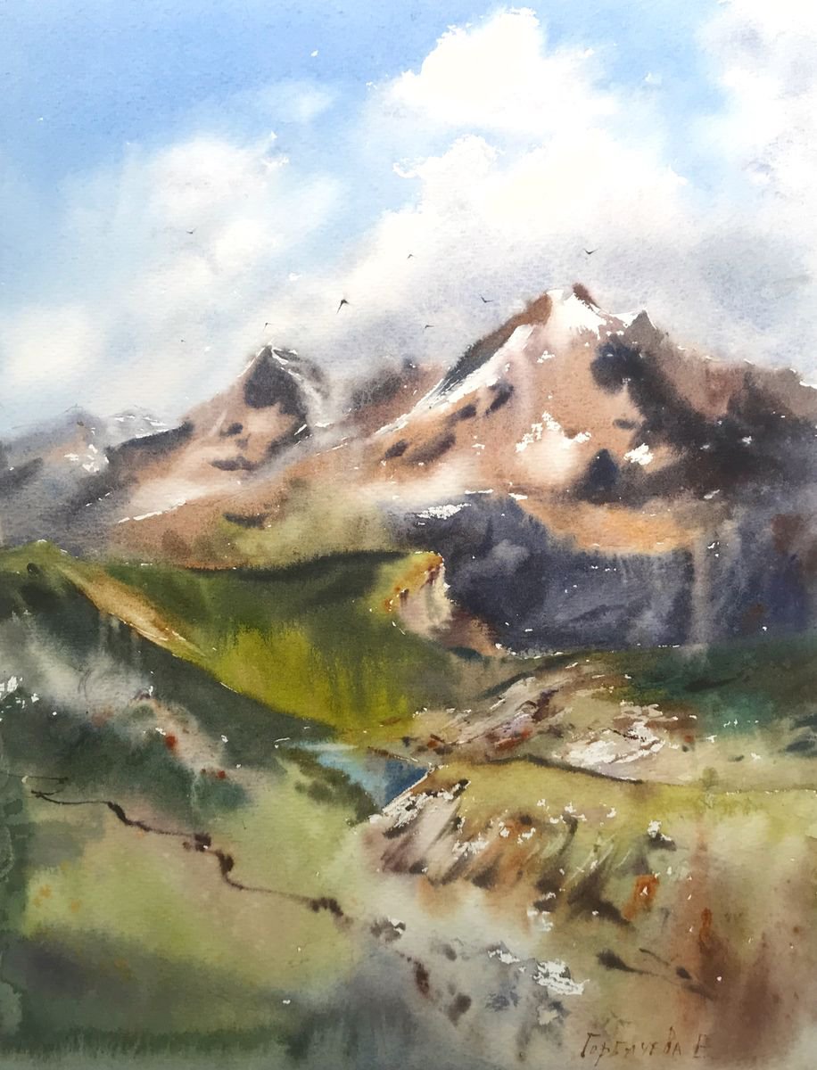 Impressionistic Landscape Watercolour By Eugenia Gorbacheva, 12 X 16, Alpine Lawn Ii, Original Artwork