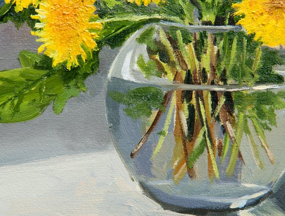 Yellow dandelions. Oil painting. Floral still life. Original Art. 12 x 14