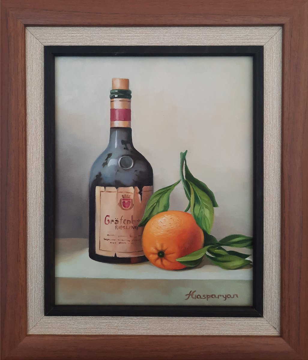Photorealistic Still Life Oil Painting By Ara Gasparian, 11 X 13, Bottle And Orange, Original Artwork