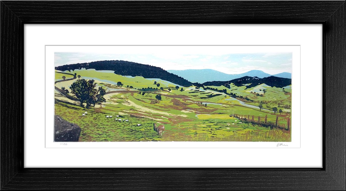 Expressive Landscape Linocut By Carolynne Coulson, 23 X 13, Up Hill And Down Dale, Original Artwork