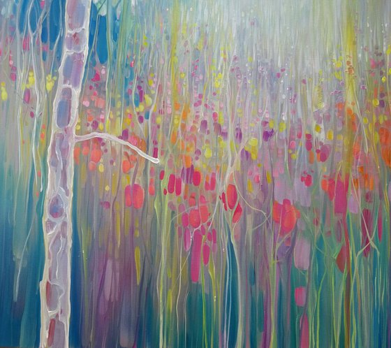 Weaving Summer - large, semi abstract oil on canvas of a summer meadow with swallows