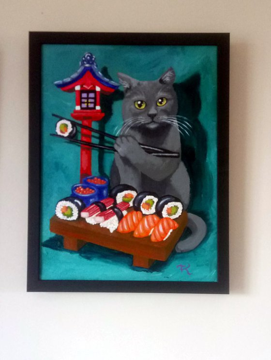 Grey Cat With Sushi