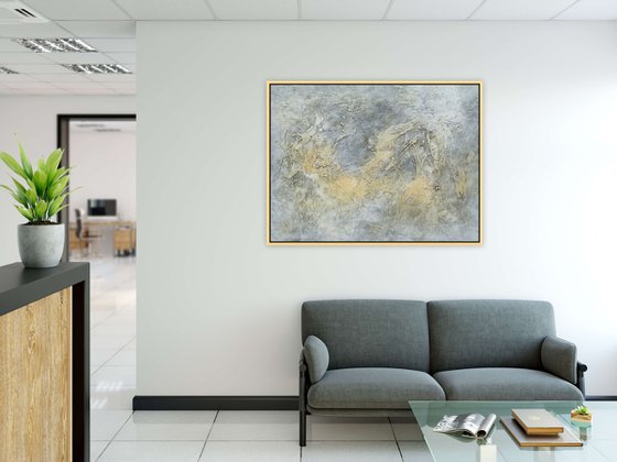 GOLDEN OCEAN. Large Abstract Gray Gold Textured Painting. Modern Art Neutral Colors, Beige, White Abstraction Landscape Contemporary Seascape Artwork for Living Room or Bedroom