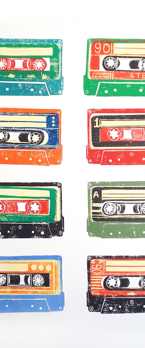 Linocut tapes #29 (cassette tapes, retro music, 70's, 80's rock culture) by Carolynne Coulson