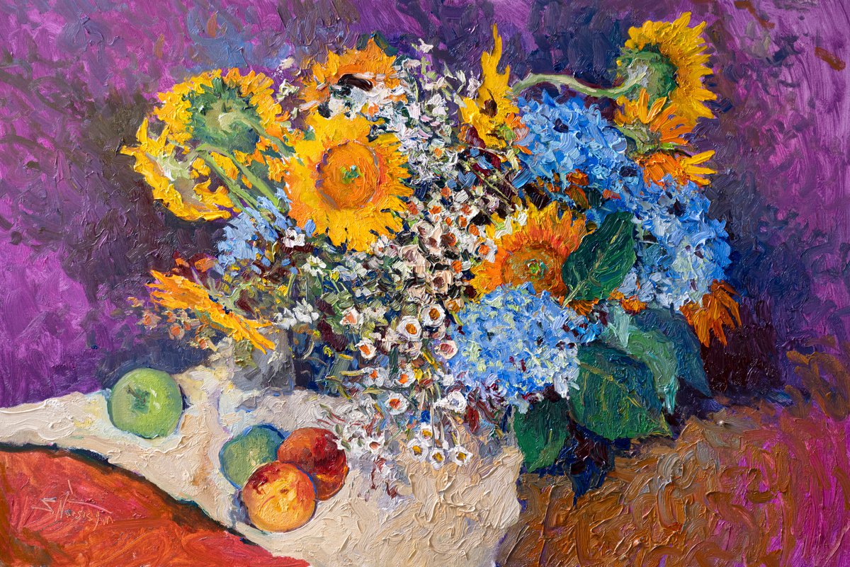 Expressive Botanical Oil Painting By Suren Nersisyan, 36 X 24", Sunflowers And Hydrangea, Original Artwork