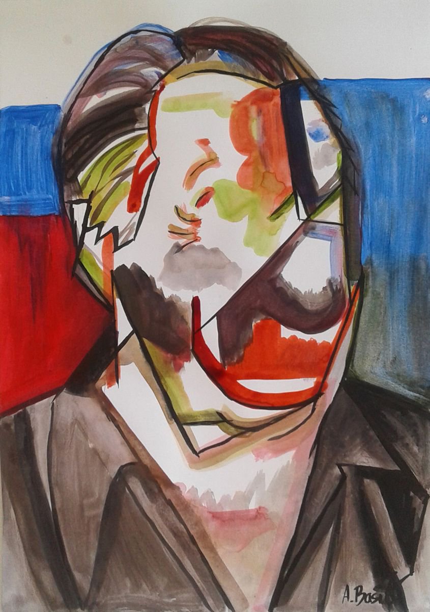 Geometric Portrait Painting By Aleksandar Basic, 12 X 17, Hans Hofmann, Original Artwork