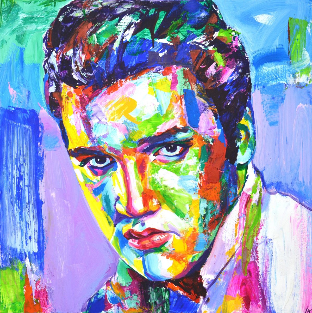 Expressive Portrait Acrylic Painting By Iryna Kastsova, 31 X 31, Elvis Presley, Original Artwork