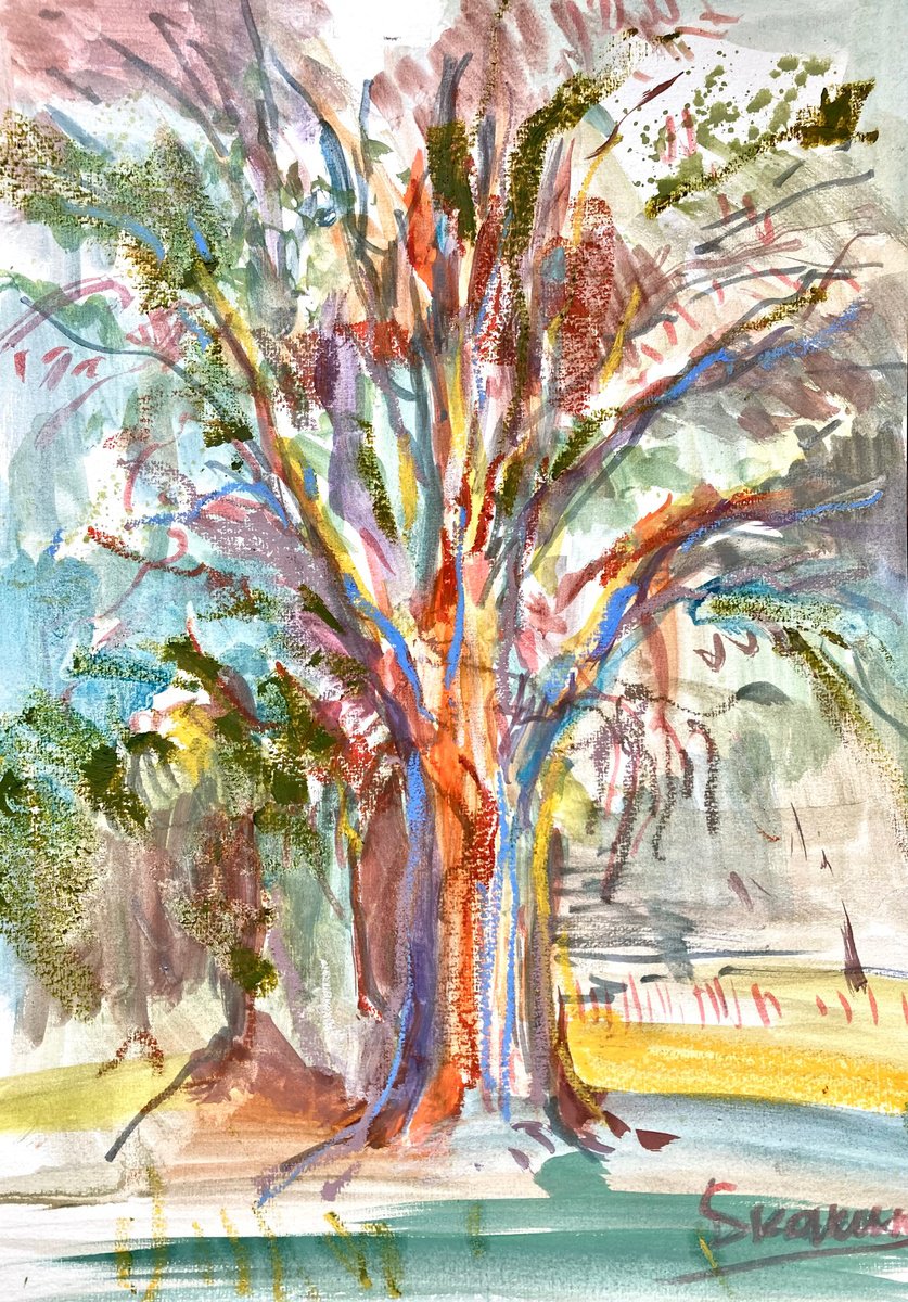 Expressive Botanical Painting By Mari Skakun, 12 X 17", Trees At Sunset, Original Artwork