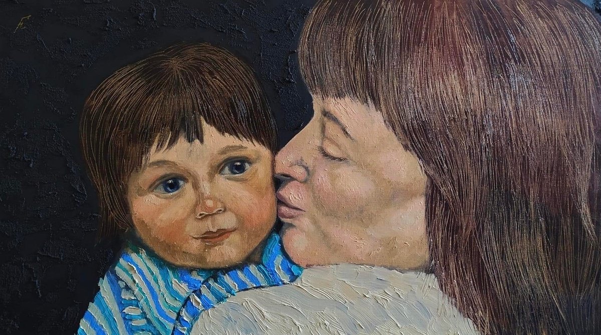 Impressionistic Portrait Oil Painting By Nikola Gulev, 35 X 20", "Kiss", Original Artwork