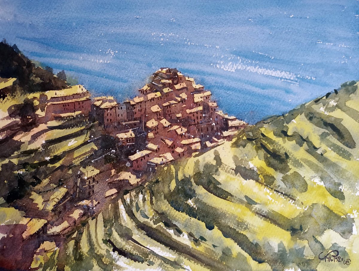Expressive Landscape Watercolour By Tollo Pozzi, 16 X 12", Manarola 5 Terre, Original Artwork