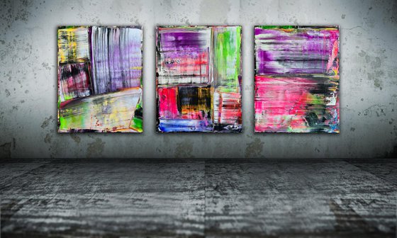 "Painting The Town" - Original PMS Abstract Acrylic Painting Triptych On Canvas - 72" x 30"