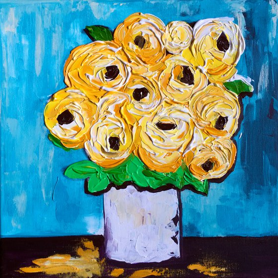ABSTRACT BOUQUET OF Yellow Roses  #14 ( NAIVE COLLECTION)  palette  knife Original Acrylic painting office home decor gift