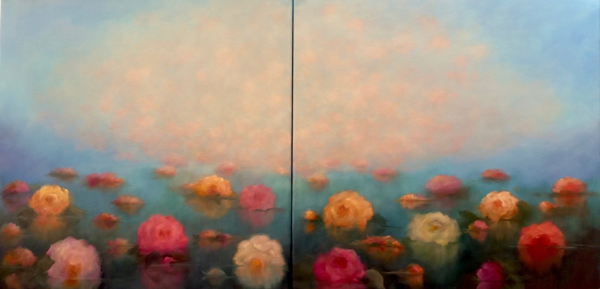 Impressionistic Botanical Oil Painting By Lee Campbell, 47 X 24", Roses Reflecting, Original Artwork