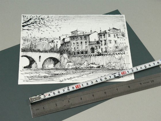 Verona, Ponte Pietra, artistic ink pen drawing.