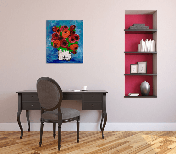 BOUQUET OF Red  Roses textured acrylic painting, palette knife artwork