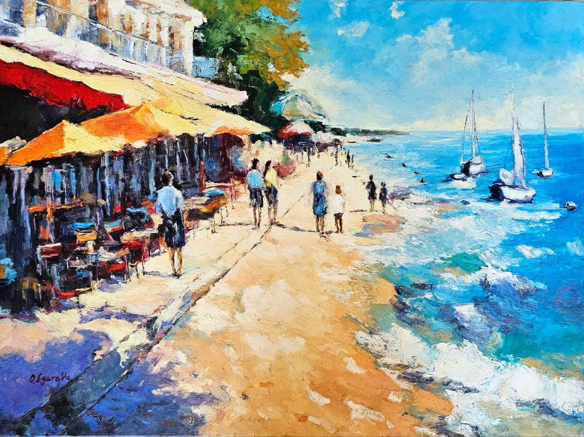 Sunlit Mediteranean Promenade By Olga Egorov, 31 X 24, Artwork For Sale On Artfinder