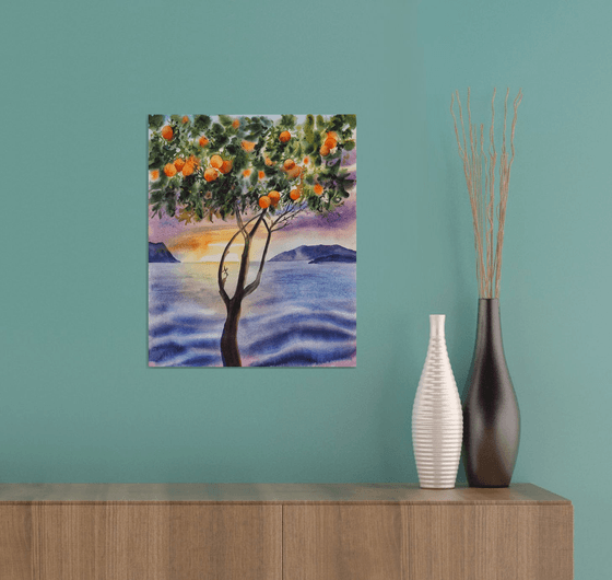 Mediterranean sunset with oranges tree