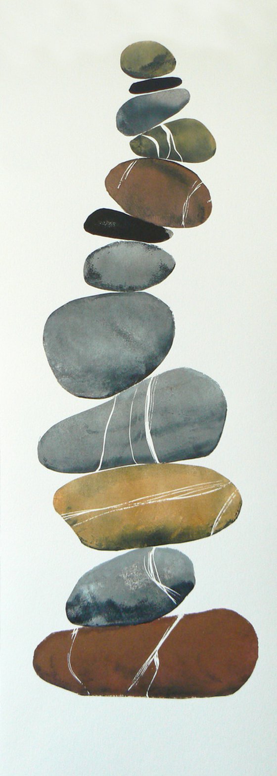 Zen stones - Twelve stones #1  (banded balancing stones lino/monoprint)