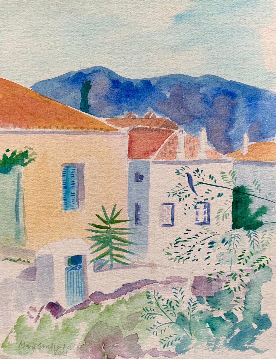 Greek Village- landscape painting by Mary Stubberfield