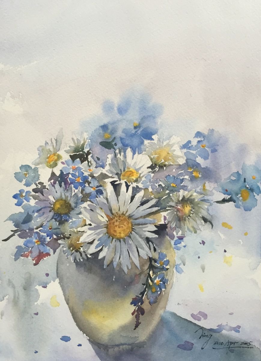 Impressionistic Botanical Watercolour By Jing Chen, 11 X 15, Daisy, Original Artwork