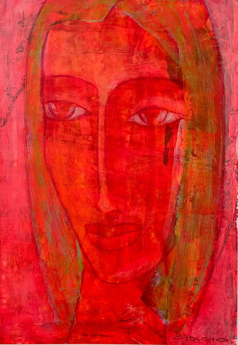 Naive Portrait Acrylic Painting By Gago Chtchyan, 9 X 13, Red Portrait I, Original Artwork