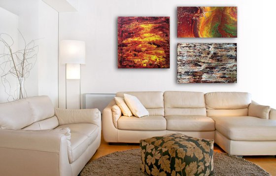 "Earth, Wind and Fire" - Save As Series - Original Large PMS Abstract Triptych Acrylic Paintings On Canvas - 66" x 42"