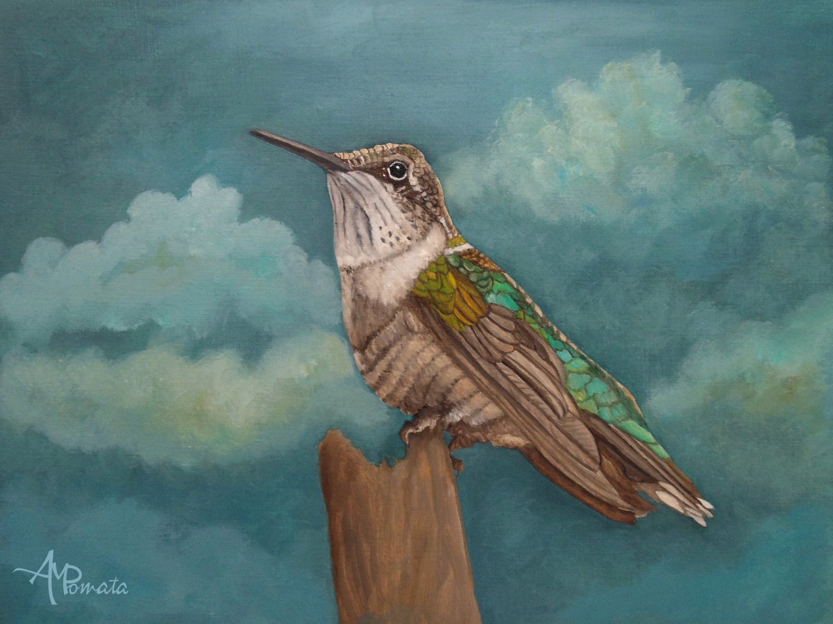 Impressionistic Animal Oil Painting By Angeles M. Pomata, 13 X 10, Moonlighting Hummingbird, Original Artwork