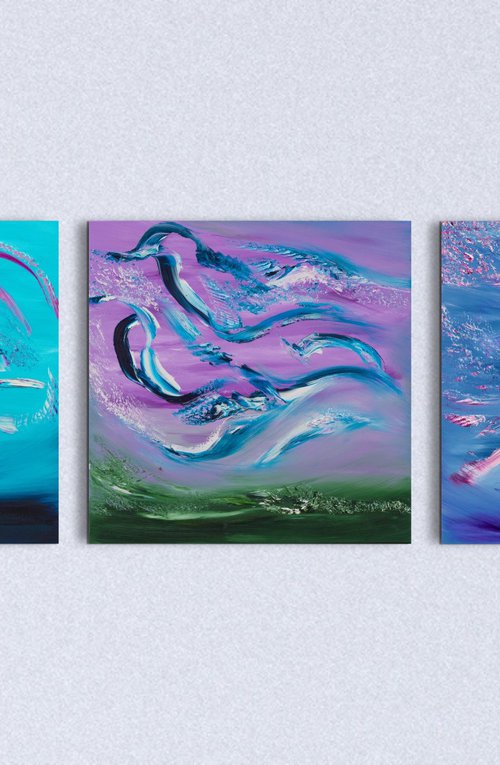 She is coming, Triptych n° 3 Paintings, Original emotional landscapes, oil on canvas by Davide De Palma