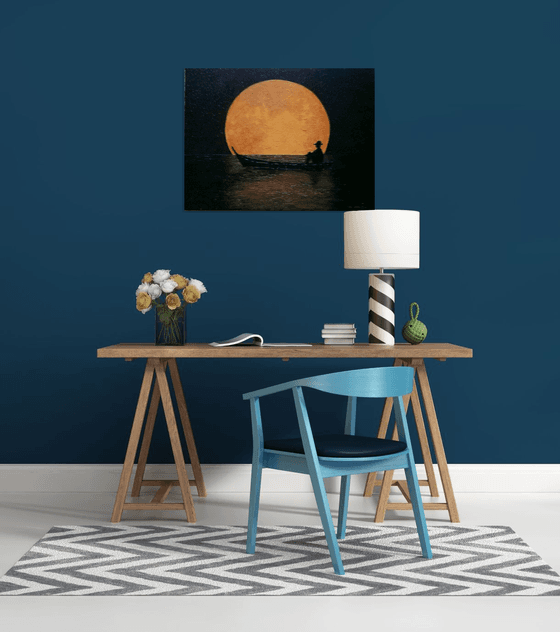 Magic Night - full moon, starry night, boat on lake;  home, office décor