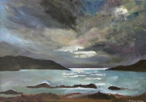 Moonlit night. An original coastal oil painting. by Julian Lovegrove Art