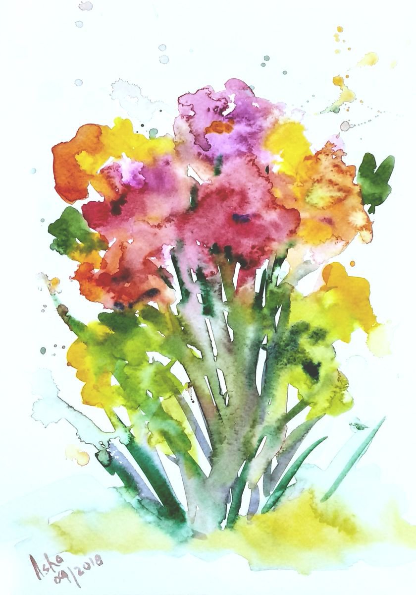 Wild flowers Painting Watercolor Art Loose Painting -10x 7 by Asha Shenoy