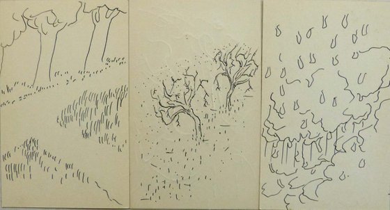 Sketches of Trees, 3 ACEO drawings 7,5x12 cm