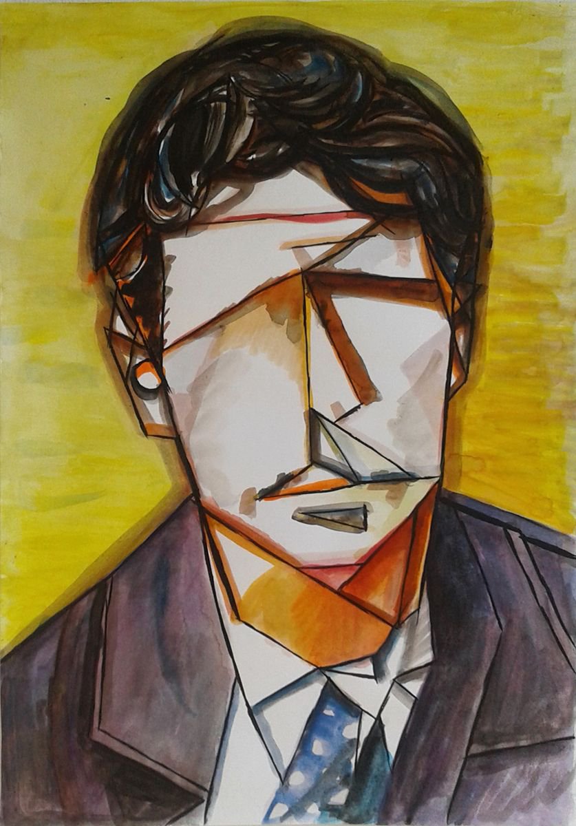 Geometric Portrait Painting By Aleksandar Basic, 12 X 17, Pierre Bonnard, Original Artwork