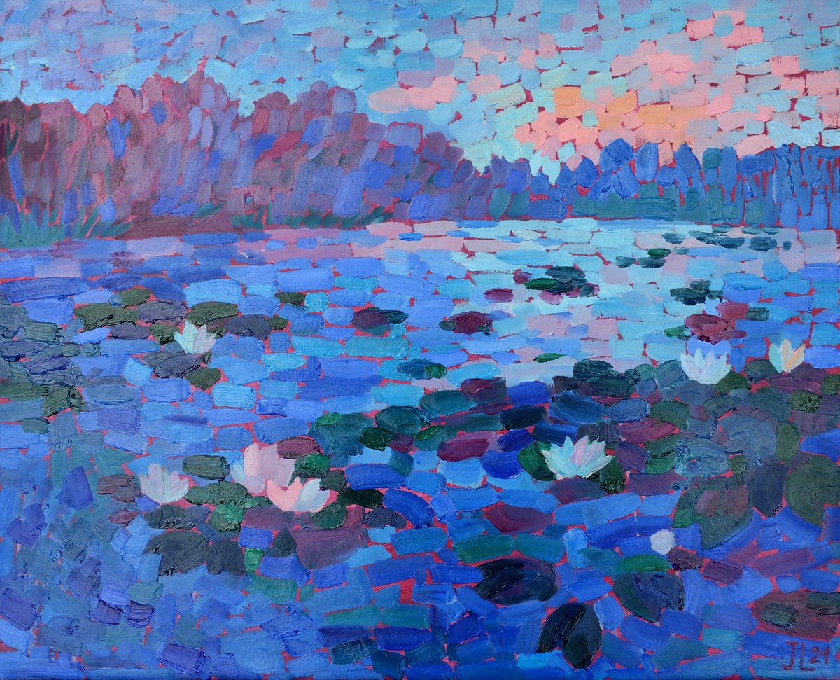 Impressionistic Blue Lotus Pond Landscape Oil painting nature by Julia Logunova