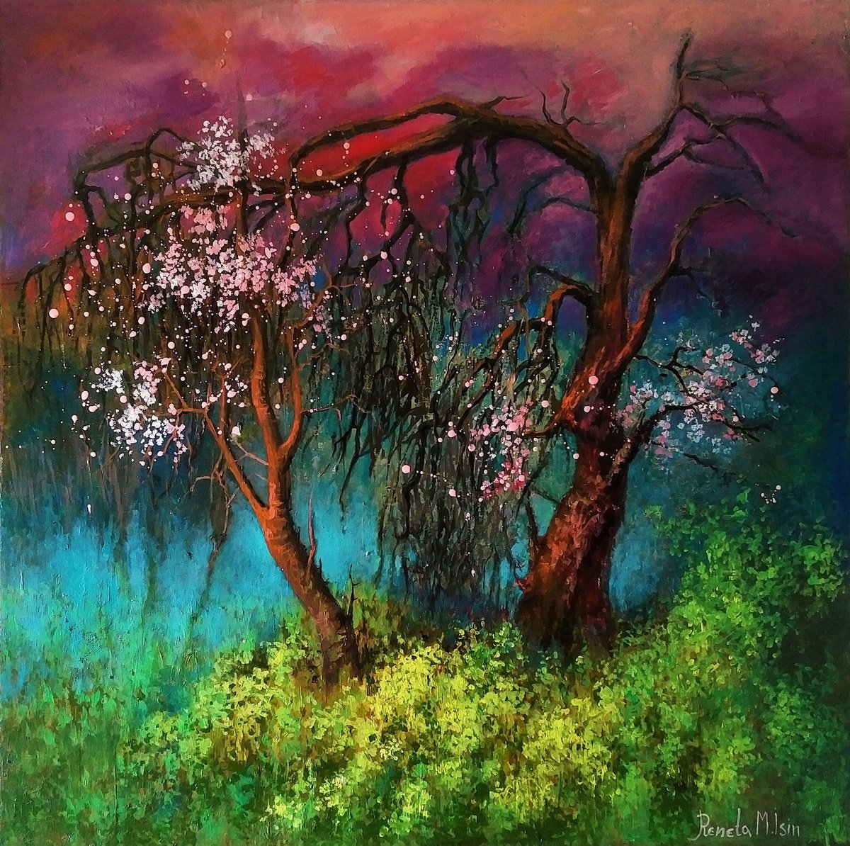 Impressionistic Landscape Oil Painting By Reneta Isin, 31 X 31", " Spring ", Original Artwork