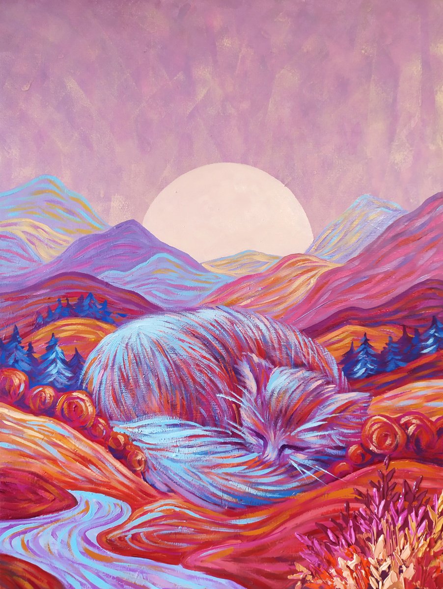 Big Sleeping Cat Among Hills, Trees and Mountains, Purple and Orange Landscape by Ekaterina Prisich