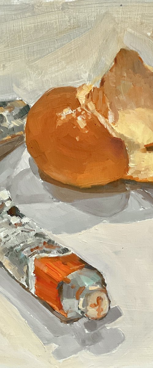 Clementines and paint tubes by Louise Gillard