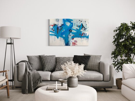 ON MY WAY - 100 x 70 CM - ABSTRACT PAINTING ON CANVAS * BLUE * WHITE
