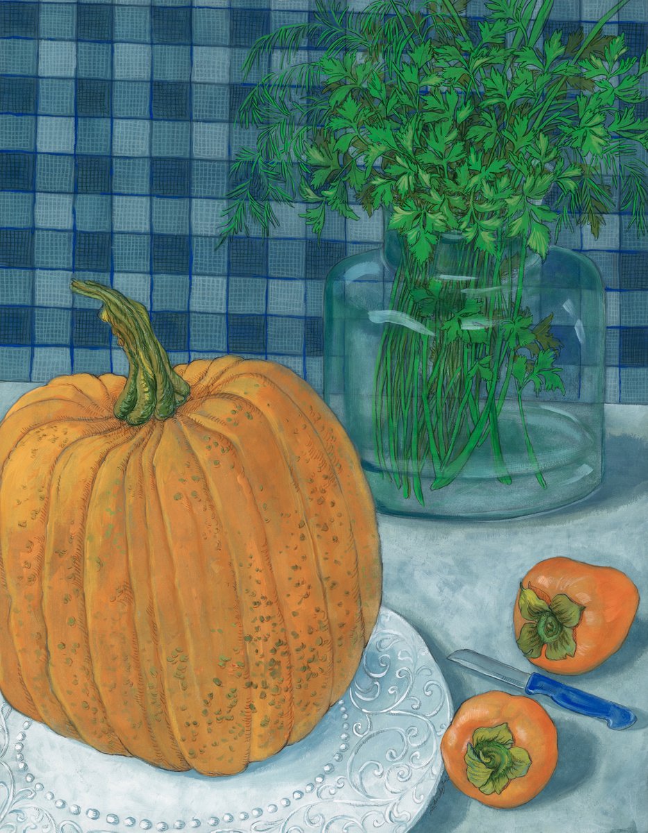 Illustrative Still Life Painting By Natalie Levkovska, 20 X 28", Still Life With Pumpkin, Original Artwork
