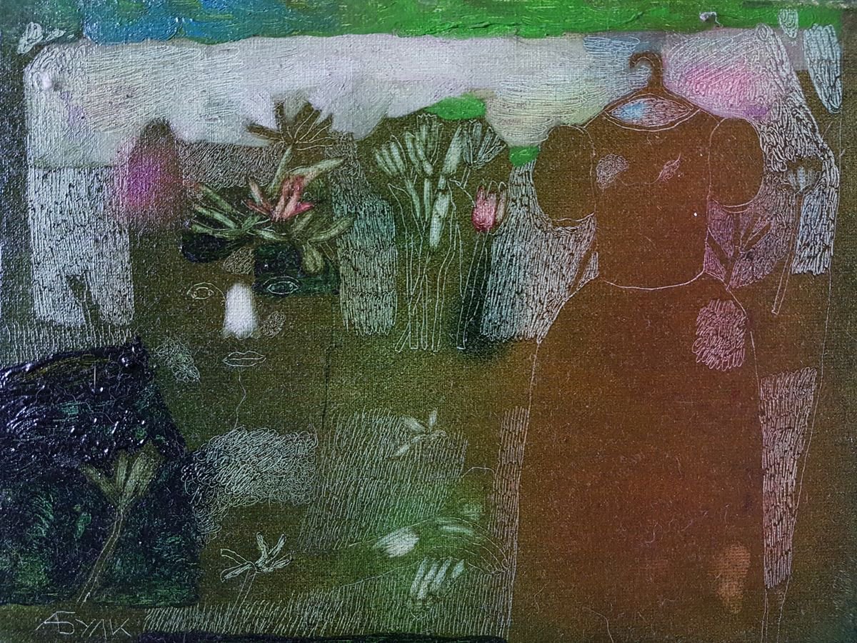 Surrealistic Animal Oil Painting By Anna Bulkina, 9 X 7, Pink Dress And Mysterious Beast, Original Artwork